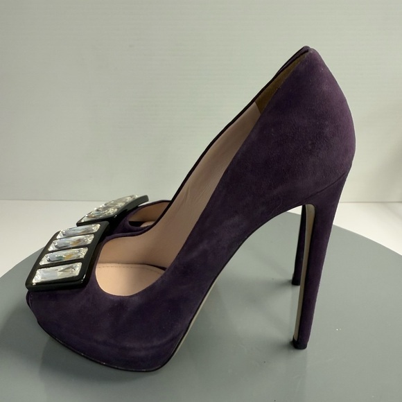 Miu Miu Purple Suede Crystal Embellished Peep Toe Platform Pumps Size 38 - Picture 5 of 11